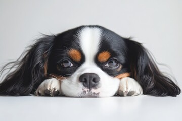 Adorable Cavalier King Charles Spaniel puppy resting its head on a white surface.