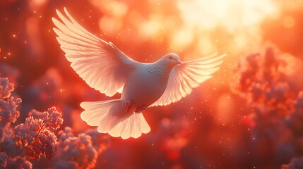 Obraz premium White dove in flight at sunset, surrounded by blooming flowers.