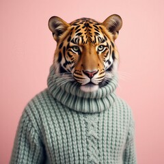 Leopard Wearing a Yellow Knitted Sweater on a Complementary Background