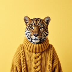 Leopard Wearing a Yellow Knitted Sweater on a Complementary Background