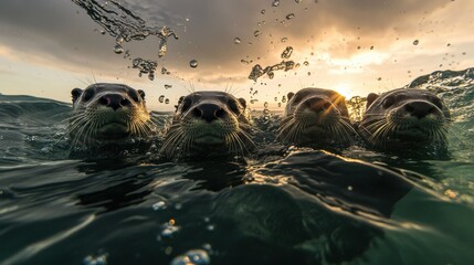 Otters Swimming Together in Clear Water with Bubbles