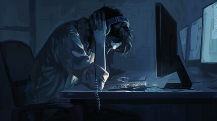 A man is sitting at a desk with a computer monitor in front of him. He is wearing headphones and he is in a state of deep concentration