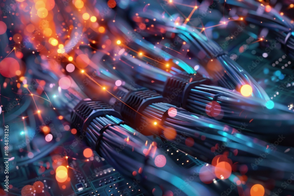 Poster server cables transmitting data with glowing sparks and bokeh effect, representing digital communica