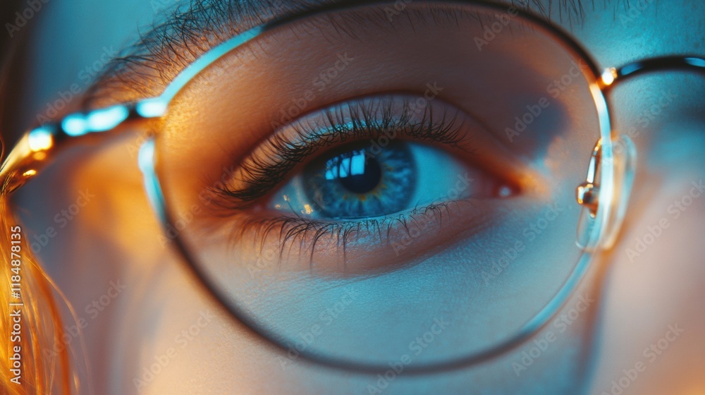Poster close up view of a female eye wearing vision correction glasses illuminated softly in a warm setting