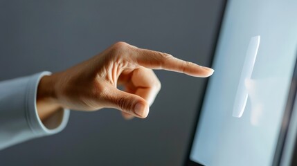 A woman pointing at a screen with a white arrow. Concept of focus and direction, as the woman's finger is directed towards the screen. The white arrow on the screen adds to the sense of guidance