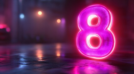 Neon pink glowing number 8 on a wet urban street at night, perfect for Women&rsquo;s Day, birthdays, anniversaries, or party-themed promotions