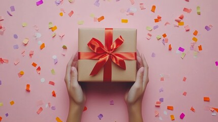 A person is holding a brown box with a red ribbon on it. The box is decorated with confetti and the person is holding it with both hands. Concept of celebration and joy