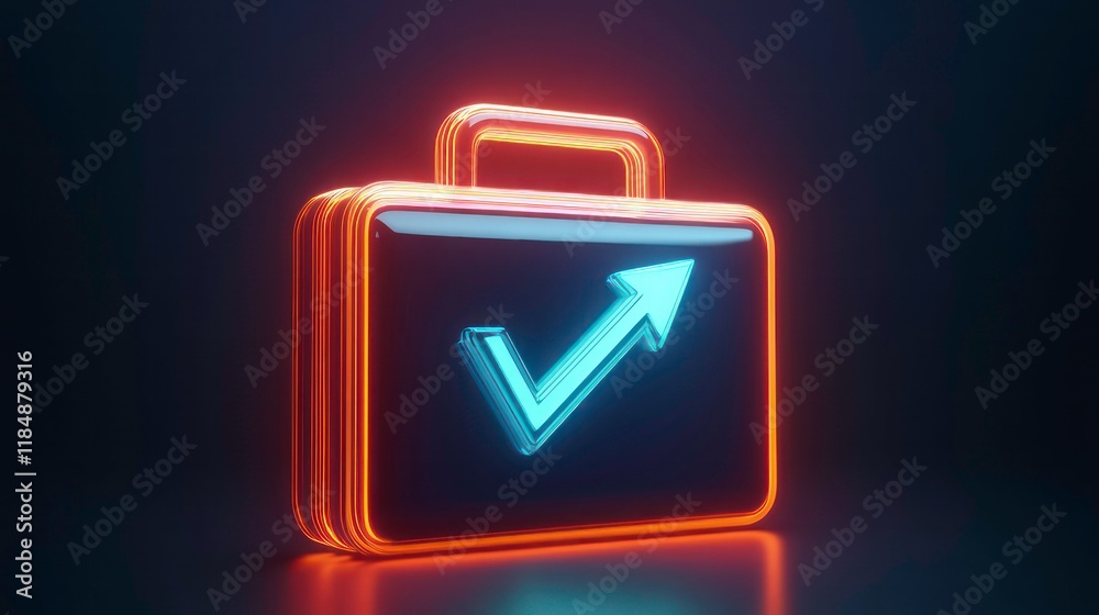 Poster neon briefcase icon with upward arrow and checkmark, symbolizing business success and growth.
