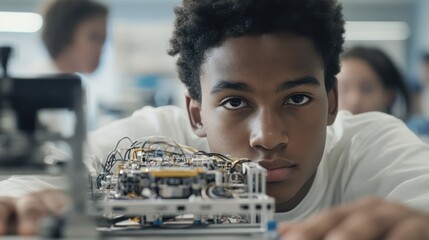 Student Engaged with Robotics Technology in Classroom Setting