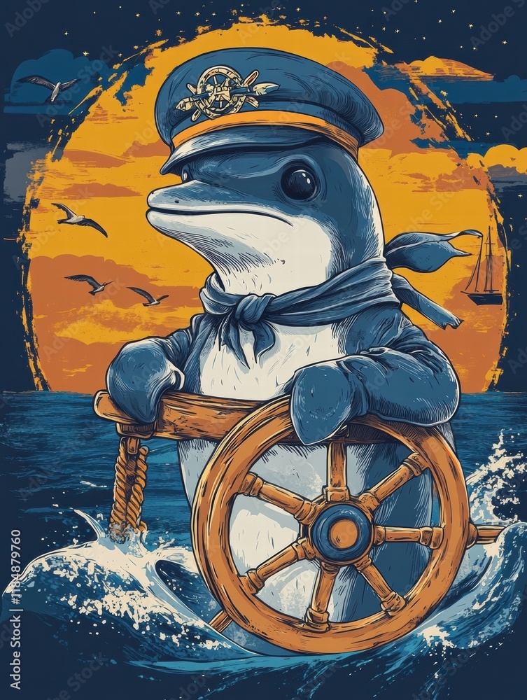 Poster dolphin dressed as a ship captain steering through the ocean at sunset while wearing a captains hat 