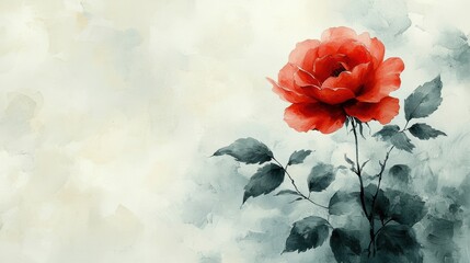 Elegant Red Rose Blossom with Green Leaves on Soft Watercolor Background