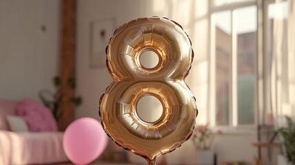 Fototapeta premium Gold Foil Number 8 Balloon in a Cozy Home Setting for Celebrations and Events