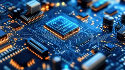 Obraz premium Close up view of a modern cpu processor on a motherboard, displaying futuristic hologram data, highlighting the advancements in computer technology and manufacturing