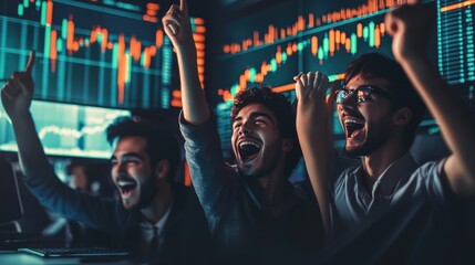 Young Investors Celebrating Stock Market Success in Office