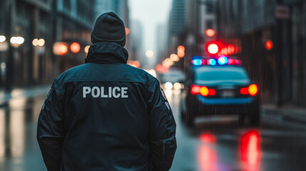 Police officer standing on a rainy street with emergency lights flashing in the background during early evening hours
