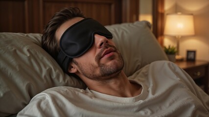 Obraz premium Man Relaxing with Eye Mask in Bed