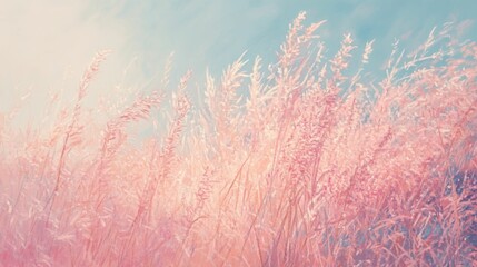 Pastel pink grasses under a pale sky.