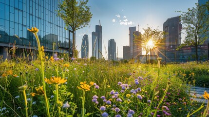 A vibrant urban garden with flowers and skyscrapers at sunset, blending nature and city life.