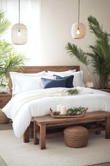 bedroom setting styled with rustic and coastal elements. The wooden bedframe is adorned with white bedding and deep navy-blue accents, surrounded by lush green plants