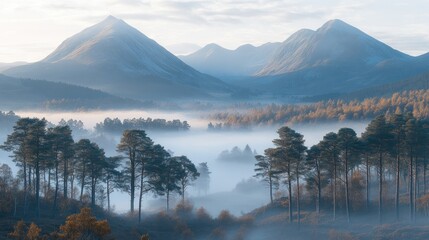 Misty mountain valley sunrise.