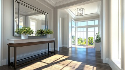 Bright Indoor Space with Large Mirror and Console Table