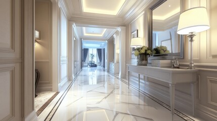 Spacious Indoor Hallway with Soft Lighting and Mirror