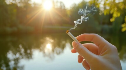 Hand Holding a Cigarette with Smoke in Natural Light