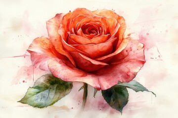 Elegant Watercolor Rose Bloom with Vibrant Orange Petals and Leaves