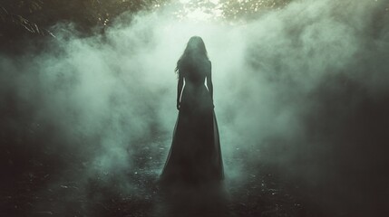 Woman in white dress standing in a misty forest, back view.