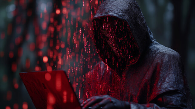Hooded figure typing on laptop with binary code overlay, cybersecurity threat concept