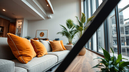 A modern living room, featuring a cozy sofa and compact table, creating an inviting and comfortable interior space