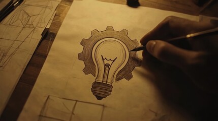 Gear and Lightbulb Drawing in Creative Workspace