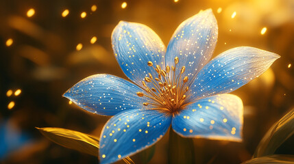 Sparkling blue flower blooms in golden light at sunset in a serene garden setting