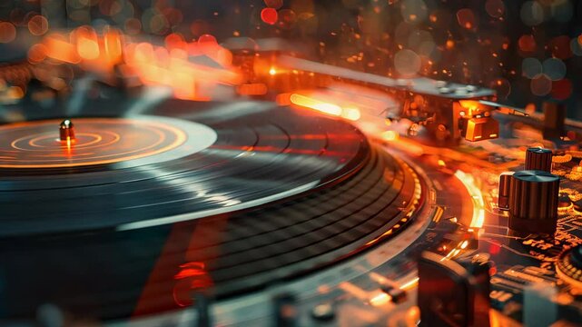 Old vinyl record playing on turntable, closeup view