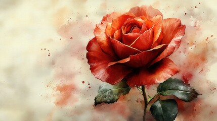 Vibrant Red Rose with Watercolor Background and Soft Texture
