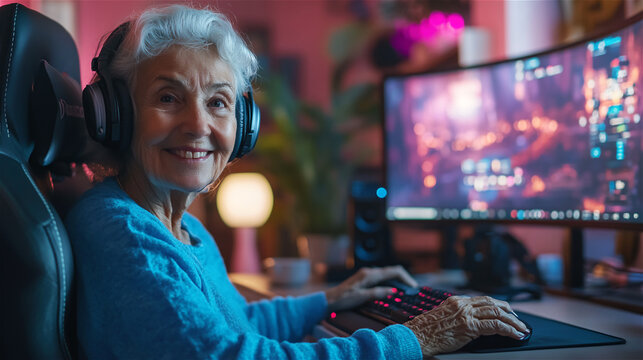 Elderly woman smiling while gaming on a high-end computer setup, wearing headphones and seated in a gaming chair, surrounded by vibrant neon lighting