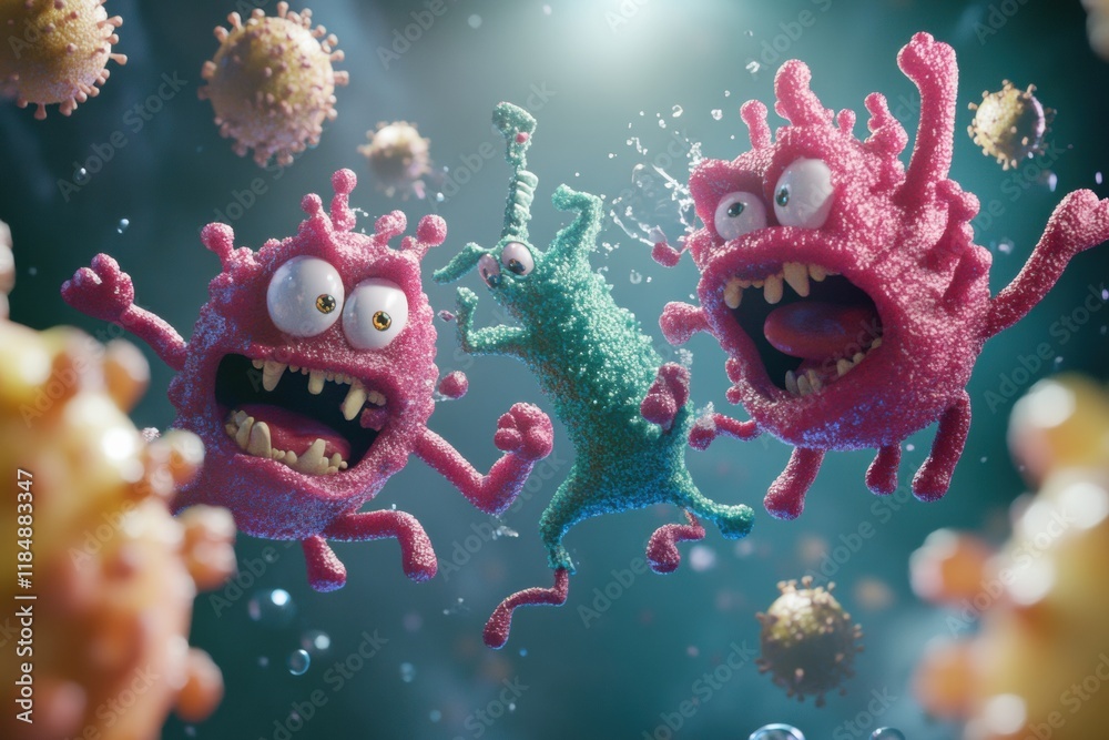 Poster cartoon style bacteria battling antibodies in a colorful microscopic environment. generative ai