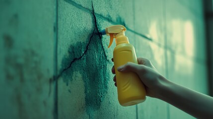 Hand Holding Spray Bottle Near Wall Crack