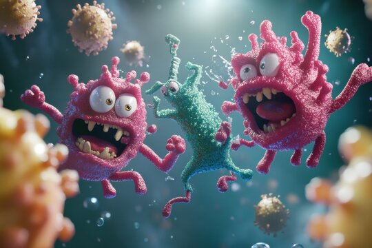 Cartoon style bacteria battling antibodies in a colorful microscopic environment. Generative AI