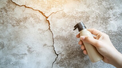 Hand Holding Spray Bottle Near Wall Crack