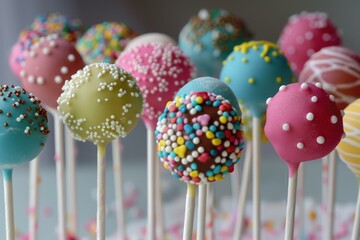 Delicious cake pops covered in colorful sprinkles standing on sticks