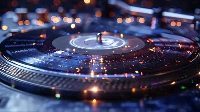 Old vinyl record playing on turntable, closeup view