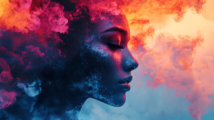 generative AI fantasy portrait of a woman with double exposure, vibrant space nebula splash, colorful digital art, and surreal abstract portrait design
