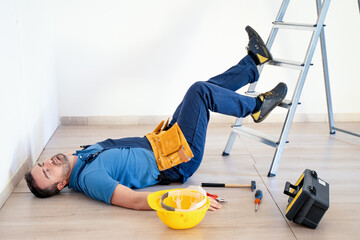 Safety rules in construction site concept, worker injured at work