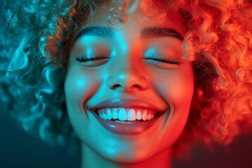Obraz premium Commercial ad campaign visual idea. Short haircut - highlighted hair. Pretty happy mixed-race girl - for ads, print ad and digital marketing use. Portrait advertising shoot. Colored girl look.