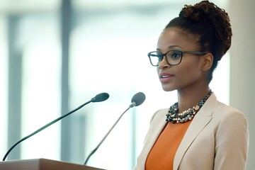 Businesswoman delivering a speech at a conference