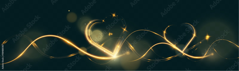 Poster golden glowing light trail forming a heart shape with sparkles and smooth curves on dark background,