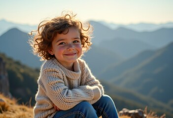 A happy child with curly hair sits on a mountain, enjoying the scenic view.