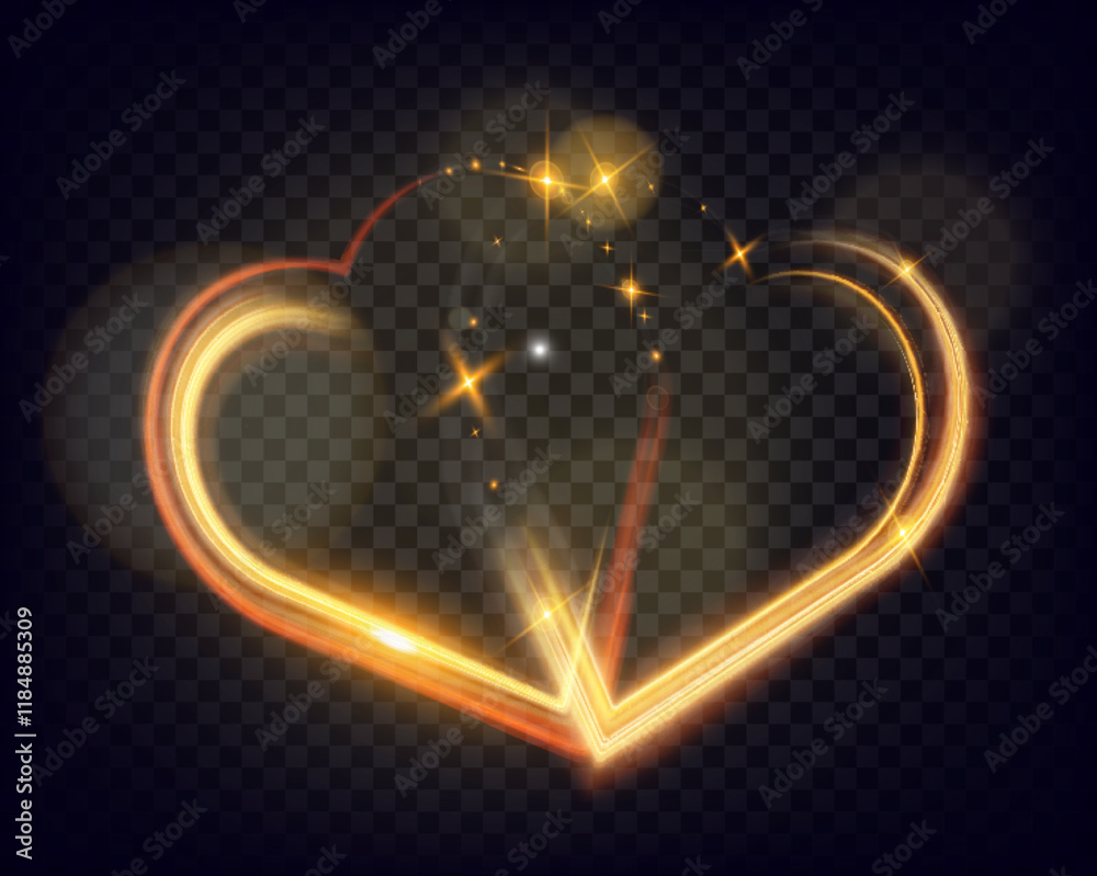 Poster golden glowing light trail forming a heart shape with sparkles and smooth curves on dark background,