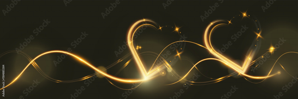 Poster golden glowing light trail forming a heart shape with sparkles and smooth curves on dark background,